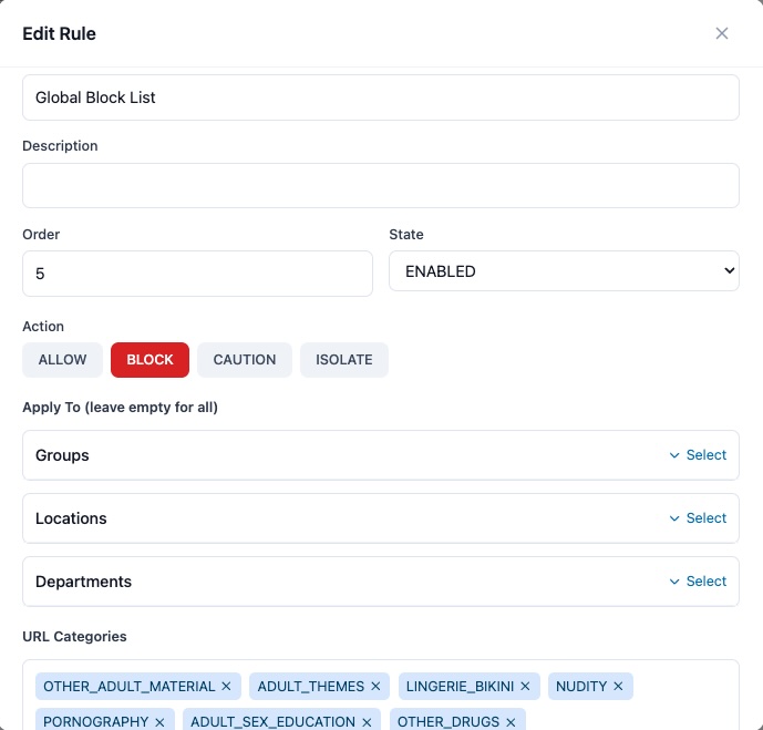 URL filtering rules